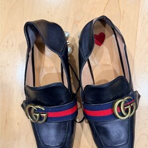 Gucci Black Loafers with Gold GG and Red-Blue Stripe
